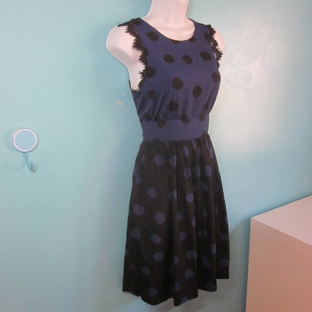 Corey Lynn Calter Womens Size 4 Backless Blue Black Dot Dress Knee Length